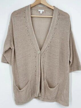 J. Jill Love 100% Linen Cardigan Medium Petite Beige One Button Knit Sweater Tan